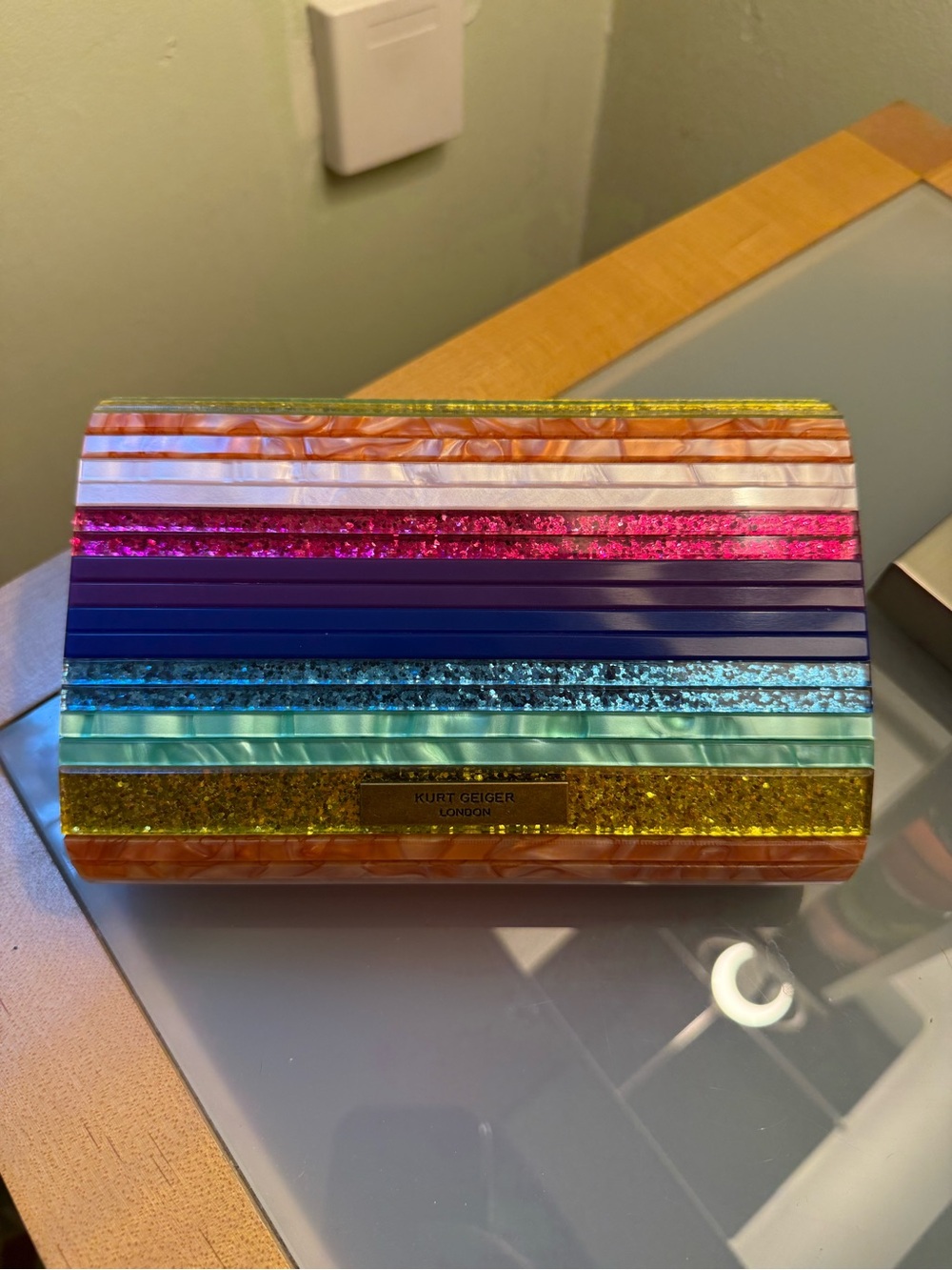 Kurt Geiger Multicolor Striped Glitter Clutch with Shell Clasp - Picture 2 of 5